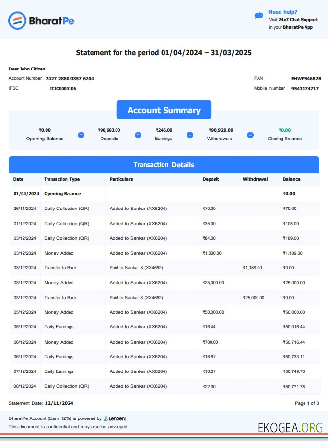 Modèle de relevé bancaire INDIA BHARATPE, format Word et PDF